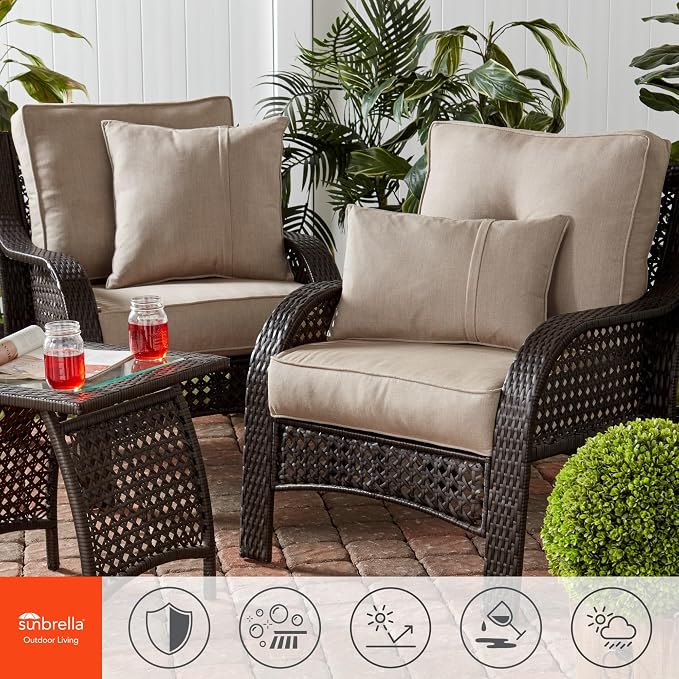 Sunbrella Deep Seat Cushion Set – Seat & Back Cushions for Patio Chairs, Sofas & Loveseats – Fade Resistant Outdoor Fabric, Ties, Zippered Cover, Cord Trim, Cast Ash