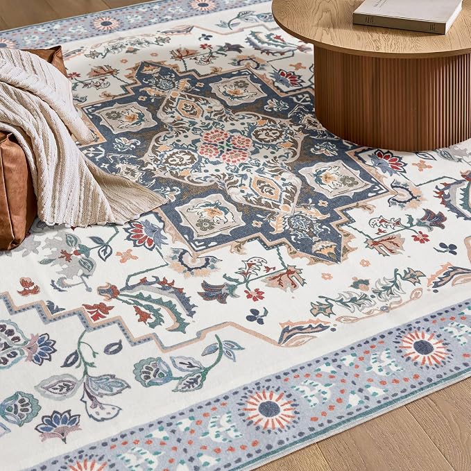 Phantoscope Washable Area Rug 5'x7' Non-Slip, Vintage Boho Rugs for Living Room, Bedroom, Dining Room, Persian Floral Medallion Pattern, Low-Pile Foldable Floor Carpet, Ivory Blue/Garden Bloom