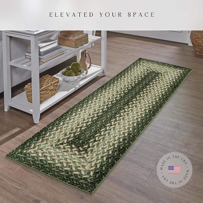 Maples Rugs Marion Bohemian Braided-Style Print Runner Rug – Made in USA – Washable, Non-Slip Indoor Runner for Hallway, Kitchen, and Laundry Room, 2' x 8', Green