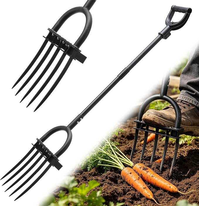 LLARGUEST Pitch Fork, 69" Heavy Duty Metal Garden Fork for Loosening Soil Broadfork with Ergonomic D-Grip Handle, 5-Tine Digging Fork Hay Fork for Compost,Mulching,Manure.