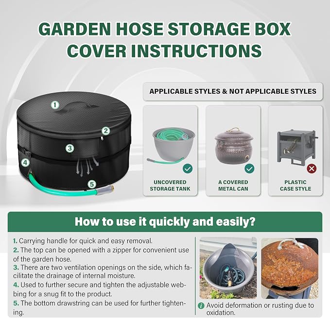 Garden Hose Storage Pot Cover, Protective All-Weather Shield Against Sun/Rain/Snow/Sandstorms – Extends Life of Hose Storage Pot & Hose（Cover Only）