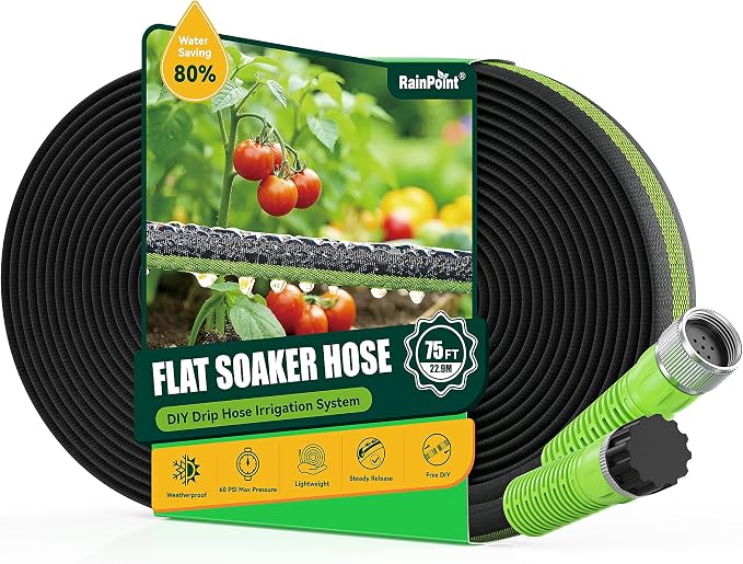 RAINPOINT 75FT Flat Soaker Hose, Flexible & Leakproof Drip Hose with Anodized Aluminum Fittings, Double Layer 80% Water-Saving Gardening Irrigation Hose, Green