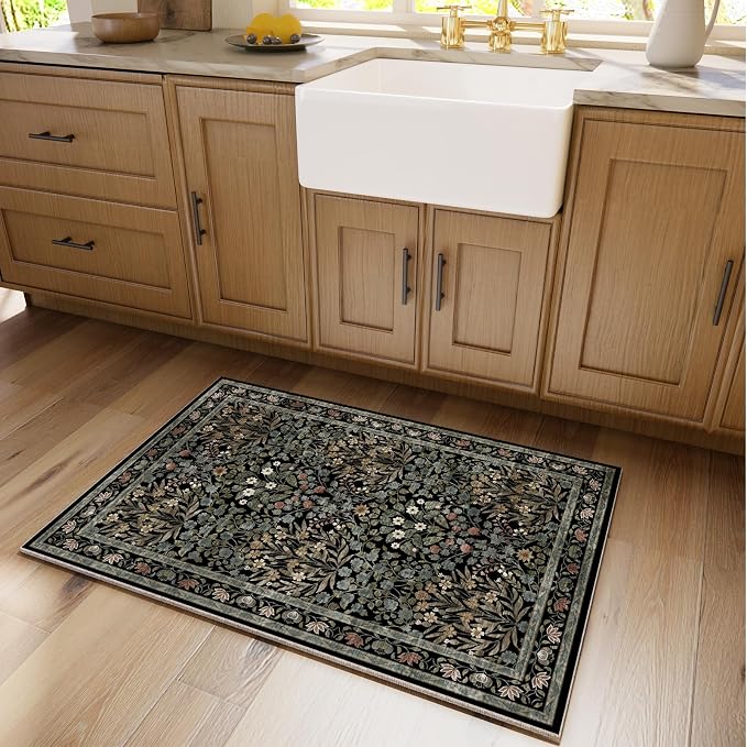 Floral Entryway Rug, 2x3 Kitchen Rugs Non Slip Washable Traditional Design Vintage Floral, Soft Door Mat Indoor Entrance, Ultra-Thin Easy Clean Small Throw Carpet for Bedroom Bathroom