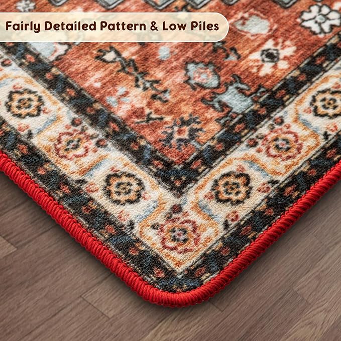 LBRO2M Machine Washable Rug Soft Pet Friendly Carpet 6X9 Red Teal | Area Rug 6X9 for Living Room, Bedroom, Dining Room, Home Office, Non Slip Carpet, Foldable Stain Resistant Rugs