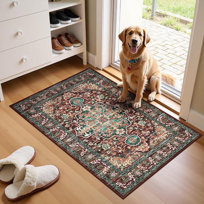 U'Artlines Boho Front Door Mat, 2x3 Machine Washable Rug, Rust＆Teal | Low Pile, Non Slip, Ultra-Thin Soft Floor Carpet, Vintage, Accent Rug for Living Room Bedroom Dining Room Office