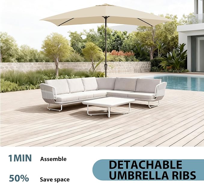 6.5x10FT Rectangular Patio Umbrella with Push Button Tilt & Crank Lift for Garden,UV Protection Outdoor Umbrella for Deck,Pool and Yard,White