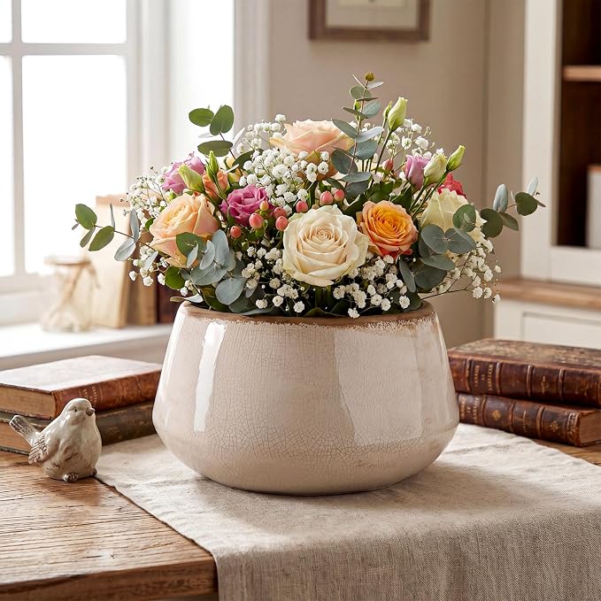 9.8 Inch Large Vintage Ceramic Planter Ice Crack Glaze Gray Peony Flower Pot with Drainage Holes Rustic Country Plant Pots Decorative Gifts for Home Kitchen Office Indoor Outdoor Plants