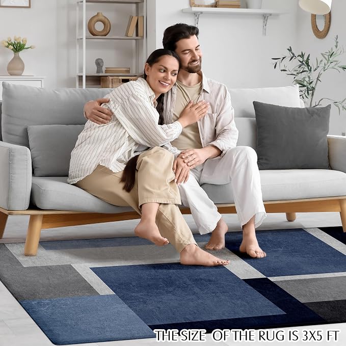 Washable Low-Profile Geometric Area Rug, 0.2 inch Thin Abstract Rug Design for Living Room & Bedroom Decor, 3x5 ft Blue Grey Modern Non-Slip Floor Rug