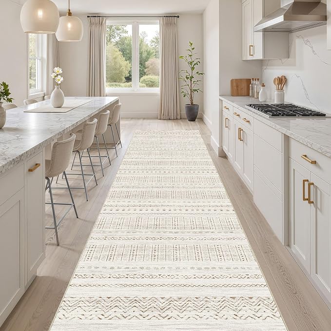 cotiled Hallway 2.6x8 Runner Rugs Washable Boho Moroccan Soft Rug | Solve Modern Neutral Trendy Home Decor - Stain Resistan Carpet for Entryway Kitchen Laundry Room Brown Cream