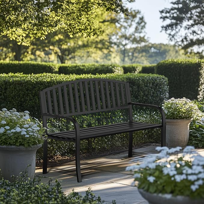 50" Outdoor Bench, Heavy-Duty Metal Frame Graden Bench, Weatherproof Patio Park Bench for Front Porch, Park, Yard, Patio