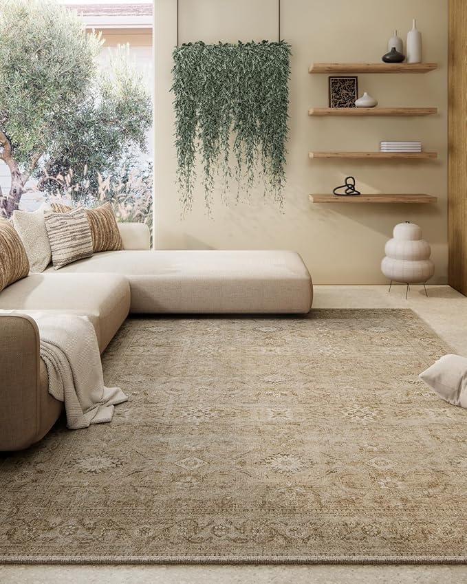 5x7 Area Rugs for Living Room: Washable Bedroom Rug with Non Slip Backing Low Pile Soft Faux Wool Distressed Vintage Boho Carpet Rugs for Entryway Dining Room Farmhouse Nursery Home Office Indoor