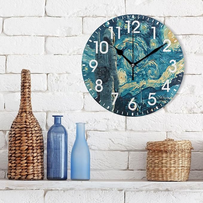 ALAZA Home Decor Starry Night Astronaut Round Acrylic 9.84 Inch Wall Clock Non Ticking Silent Clock Art for Living Room Kitchen Bedroom