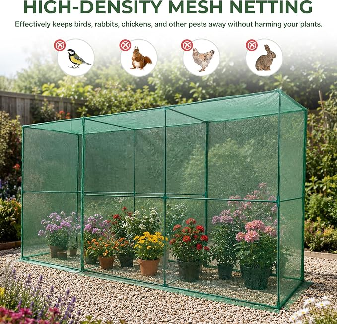 Aoodor 11x3.9x6 FT Crop Cage, Plant Protection Tent with Heavy Duty Steel Frame and Zippered Doors, Green Netting Cover for Garden, Lawn, Yard