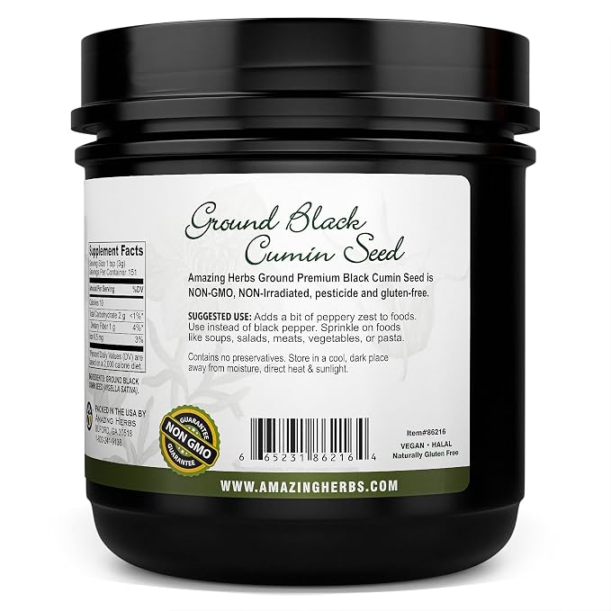 Amazing Herbs Premium Ground Black Cumin Seeds - Finely Ground Nigella Sativa, Gluten Free, Non GMO, Supports Cardiovascular Function & Preserves Digestive Health - 16 Oz