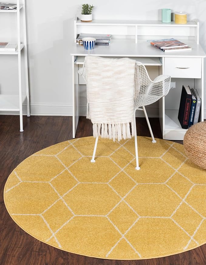 Unique Loom Trellis Frieze Collection Area Rug - Geometric (3' Round, Yellow/ Ivory)