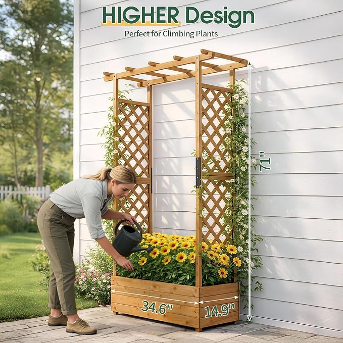 VINGLI Raised Garden Bed with Trellis & Hanging Roof, Wooden Planter Box with Drainage Holes for Outdoor Climbing Plants Vegetables Flowers, Patio Yard Balcony (Teak, Taller)