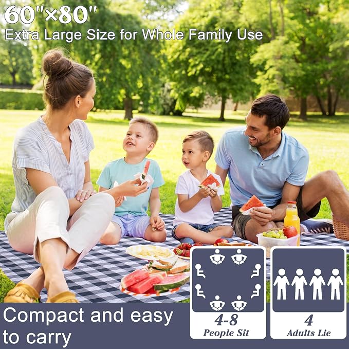Extra Large Picnic Blanket 80''x 60'' Picnic Mat Waterproof Sand Proof Foldable for Beach, 5-Layer Outdoor Blanket for 6 to 8 Adults,Camping Lawn Hiking Travel Park Music Festival Wedding Mats(Gray)