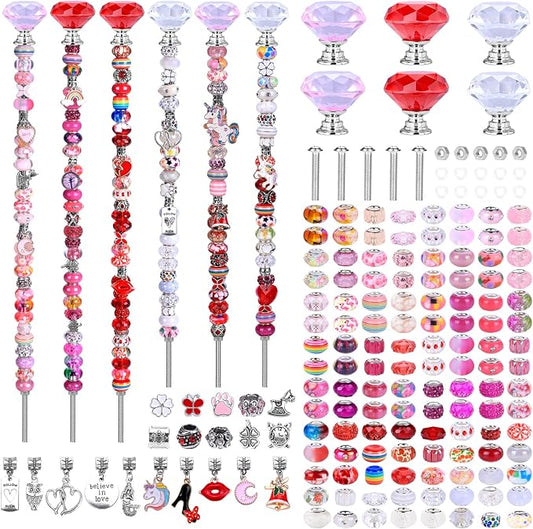AIPRIDY DIY Crystal Beaded Fairy Wand Garden Stakes Kit, Colorful Decorative Wands with Assembly Guide, 12 or 10 Inch Threaded Rods,Outdoor Garden Decoration Set (174, Pink+Rose+Red+White+Diamond Top)