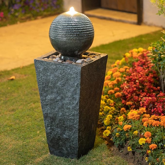 Glitzhome Water Fountain Outdoor with LED Light, Sphere Pedestal Outdoor Fountain, Modern Ball Waterfall Fountains Water Feature for Garden Patio Deck Porch, 31.7”H