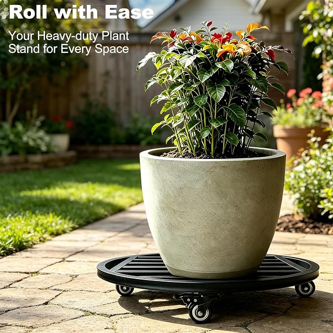 22" Round Plant Stand with Wheels Heavy Duty,Large Metal Plant Caddy Indoor Outdoor Use,Rolling Plant Dolly with Industrial Casters,Rust-Proof Black Plant Tray for Large Planters Pots,2-Pack