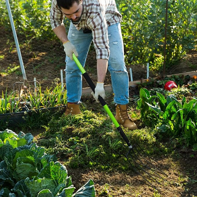 Pitch Fork-57 Inch，5-Tine Steel Garden Fork Heavy Duty, Mulch with Cushion Grip, Green Fiberglass Handle