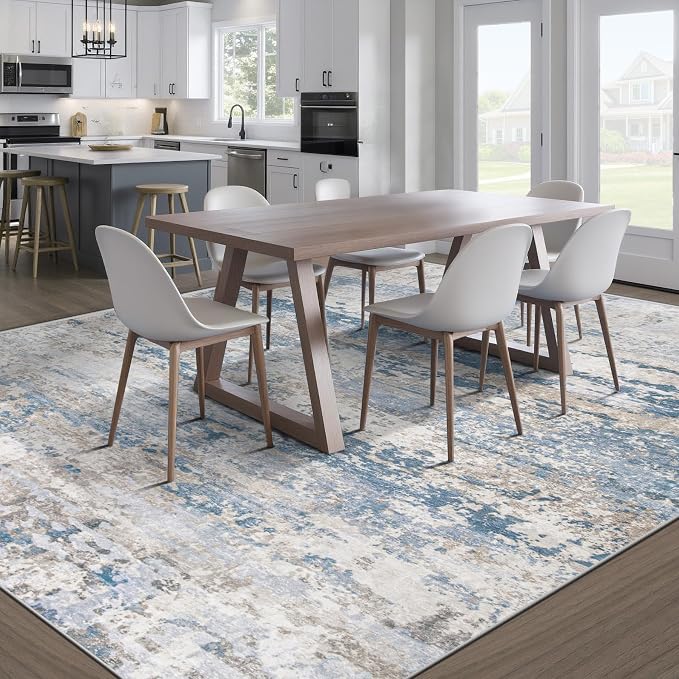 pmtsns Area Rugs 9x12 for Living Room: Washable Rug Modern Abstract Neutral Soft Non-Slip Low-Pile Indoor Large Carpet for Bedroom Dining Room Playroom Home Office (Light Blue Brown, 9'x12')