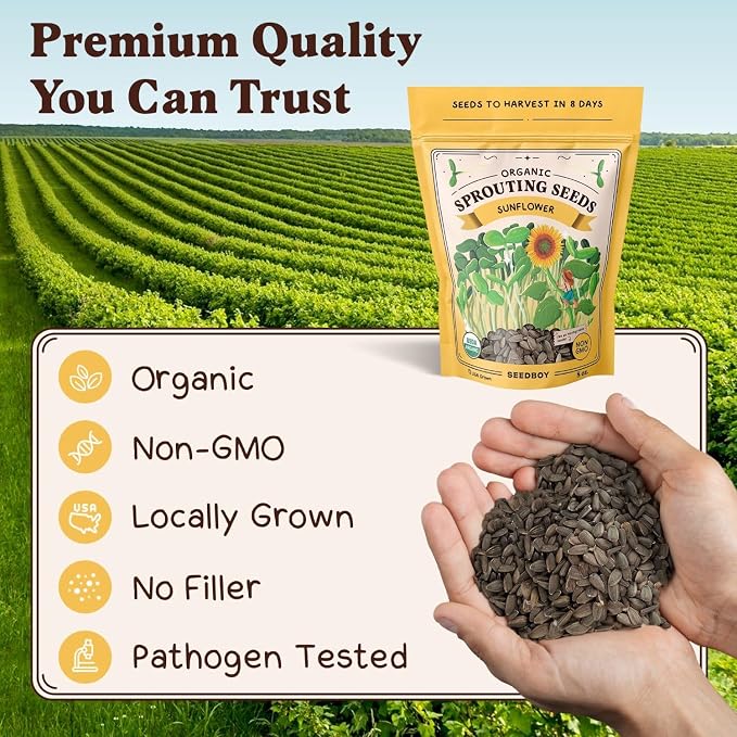 Seedboy Organic Sunflower Seeds for Sprouting - Non-GMO, USA Grown Microgreens Sprouting Seeds Mix - Makes 5 Quarts of Sprouts, 20 Servings (8 oz) (Black Oil Sunflower)