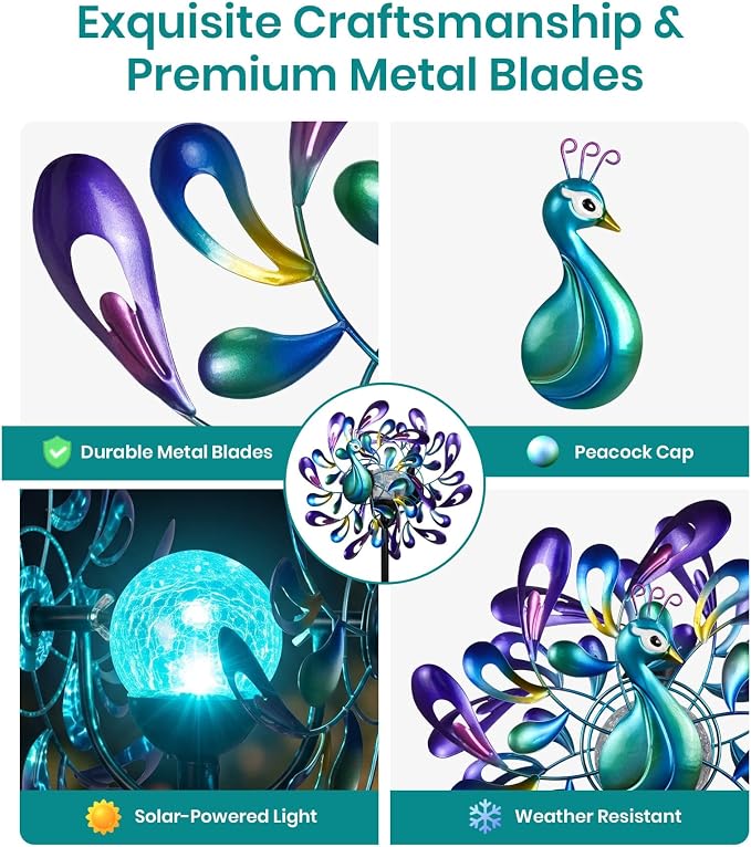 Peacock Wind Spinner Metal Kinetic Turquoise Green Garden Yard Art | Hand-Crafted, Shimmering turquoise metal peacock sculpture, Auto-glow solar crackle ball, Stable 5-prong stake