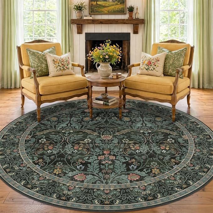 8ft Round Rug for Living Room, Dark Green Vintage Botanical Floral Large Circle Dining Room Area Rug, Washable Non-Slip Traditional Floor Carpet for Dining Room Under Table, High Traffic Area