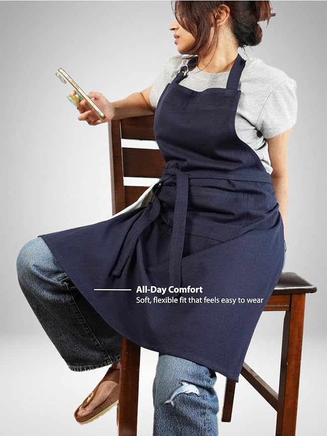100% Cotton Kitchen Apron with 2 Pockets – Adjustable Chef Apron for Cooking Baking BBQ – Unisex Apron