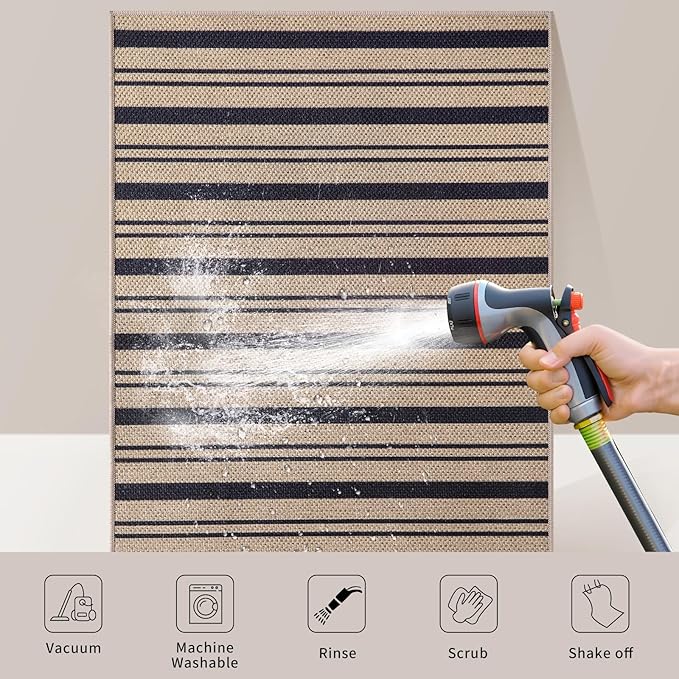 Tangsoo Easy Jute 8x10 Rug for Living Room,Washable Non-Slip Outdoor Carpet | Modern Large Striped Thin Carpet,Farmhouse Low Pile Office Mat for Backyard Dining Room Patio Sunroom Home Decor