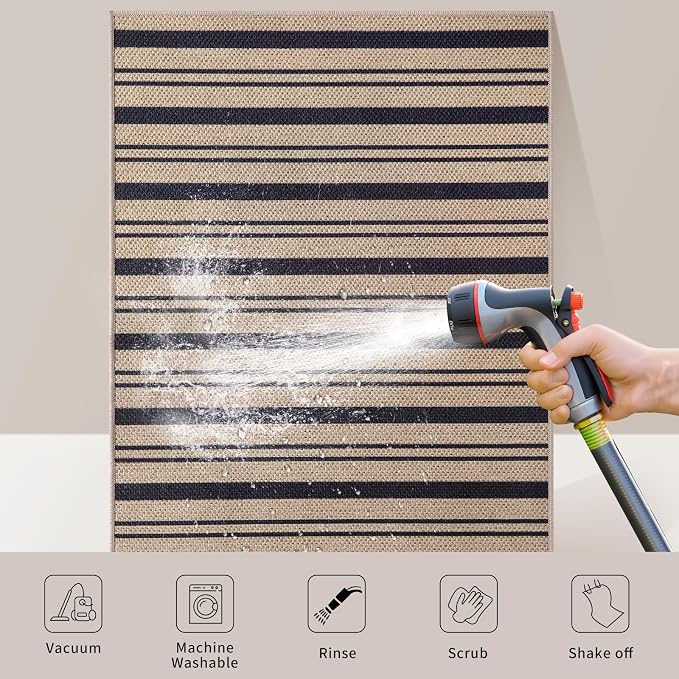 Tangsoo Easy Jute 2.6x10 Washable Runner Rug for Hallway,Non-Slip Long Rug | Modern Thin Outdoor Runner Mat Farmhouse Indoor Stripe Long Carpet Runner for Porch Laundry Bedroom Living Room Entryway