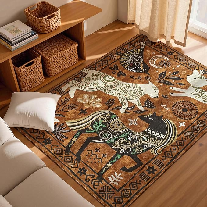 jinchan 5x7 Cute Area Rug Kids Washable Fun Rug Earthy Brown Starlit Boho | Soft, Cozy, Non-Slip, Kid-Friendly, Animal, Lightweight, Entryway, Kitchen, Dorm, Bedroom, Living Room, Playroom, Nursery