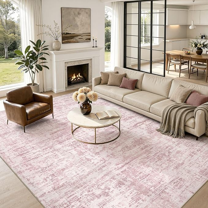 Nakagishi 8X10 Abstract Washable Area Rugs for Living Room-Pink | Modern Non-Slip Silicone Backing Low Pile Soft Carpet for Bedroom Dining Decor Ideal for Families with Kids and Pets