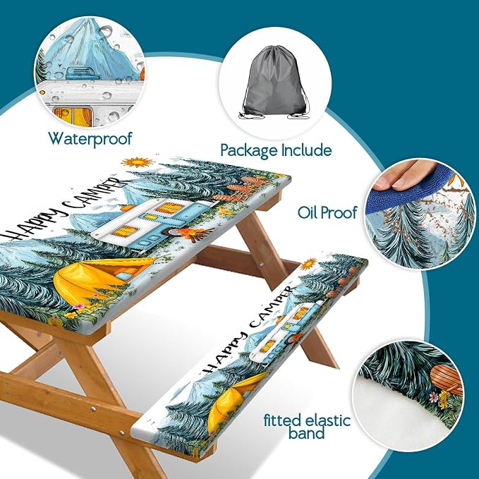NYMB Picnic Table Cover with Bench Covers Elastic Edges, Camping Essentials Waterproof Windproof Camping Tablecloth with Drawstring Bag, Fitted Rectangle Tables and Seats, 30x60in