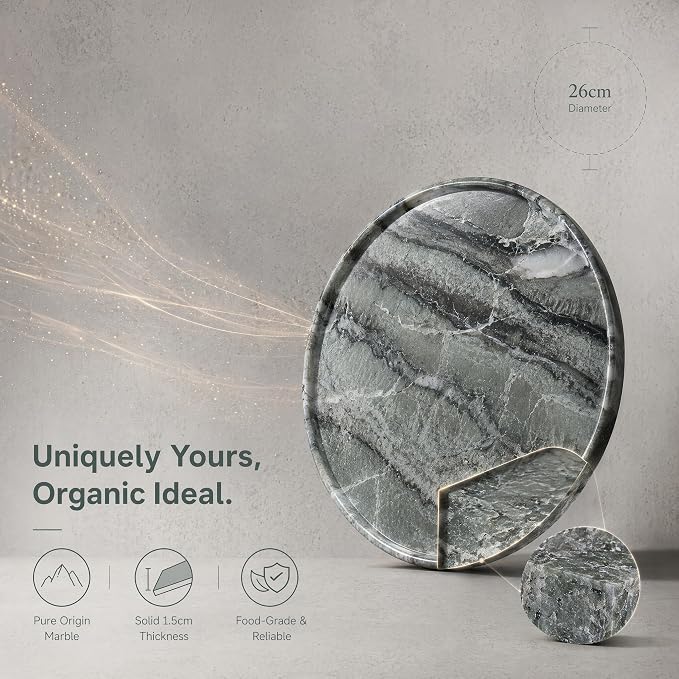 Real Natural Marble Round Tray 10.2in Solid Stone Decorative Plate | 26cm Luxury Green Marble Decor Tray for Candle, Jewelry, Plant. Food-Safe Solid Stone Serving Dish with Unique Veining