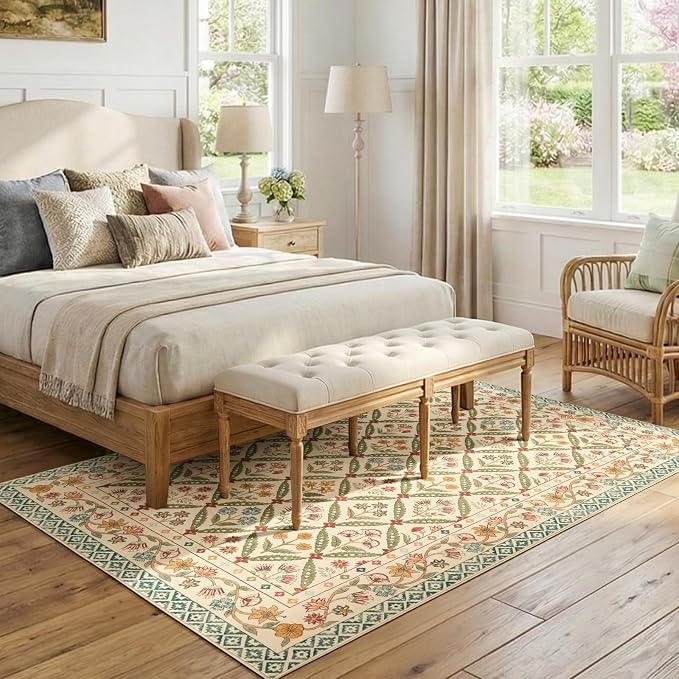 jinchan 5x7 Vintage Floral Washable Living Room Area Rug, Teal Blue | Soft & Lightweight, Checkered Floral, Low Pile, Non Slip, Bedroom, Dining Room, Girls Room, Home Office, Cottage Decor