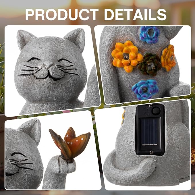 Riakrum Cat Hide a Key Outside Figurine Key Hider with Solar Light Yard | Resin Waterproof Garden Statue, Hidden Spare Key Compartment, Solar Lights Glow at Night, Gift for Women Homeowners