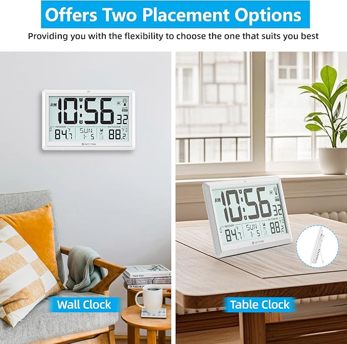 Atomic Clock Wall with Indoor/Outdoor Temp, Battery Operated Digital Wall Clock with 10.5" Large LCD Display, 330ft Range Desk Table Clock with Alarm, DST, Calendar for Living Room Bedroom, White