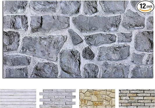COMSTICKC 3D Gray Stone Wall Panel Peel and Stick,12 Pcs of 22.8" x 11.8", DIY Lightweight PVC Stone Brick Self Adhesive Decorative Tiles Backsplash Interior Decor, Paintable, Covers 22.48 sq.ft