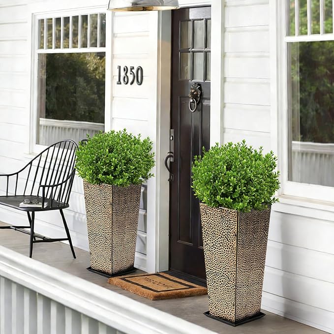 BAYN 2-Pack 24" Tall Metal Planter – Hand-Hammered Textured Large Copper Flower Pots Box with Saucer for Outdoor&Indoor, Garden, Porch, Patio, Yard with Pre-Drilled Drainage Holes