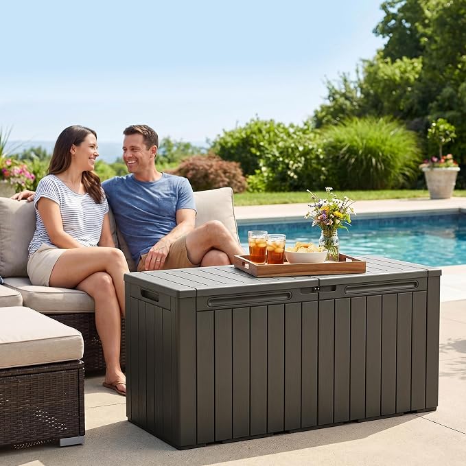 110 Gallon Deck Box Outdoor Indoor Waterproof Storage Box for Patio Furniture, Pool Accessories, Garden Tools, and Cushion Storage, Brown