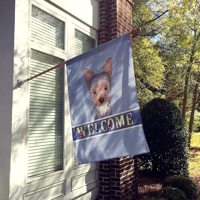 Caroline's Treasures BB1418CHF Yorkie Puppy Welcome House Flag, Blue Large Porch Sleeve Pole Decorative Outside Yard Banner Artwork Wall Hanging, Polyester, House Size, Multicolor