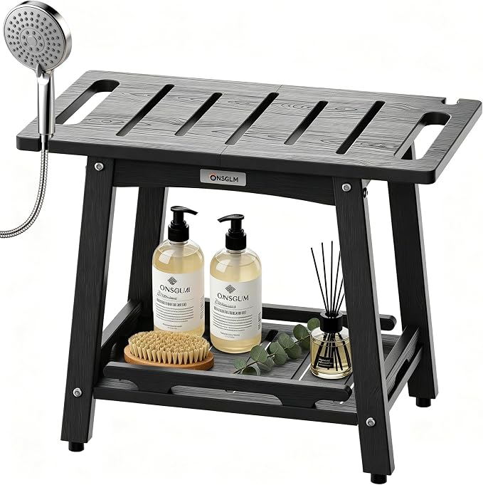 22" Large Shower Bench Seat, Non-Slip Shower Benches for Inside Shower to Sit on, HDPE Waterproof Shower Stool, Shower Chair with Adjustable Feet for Bathroom, Indoor/Outdoor Use, Black