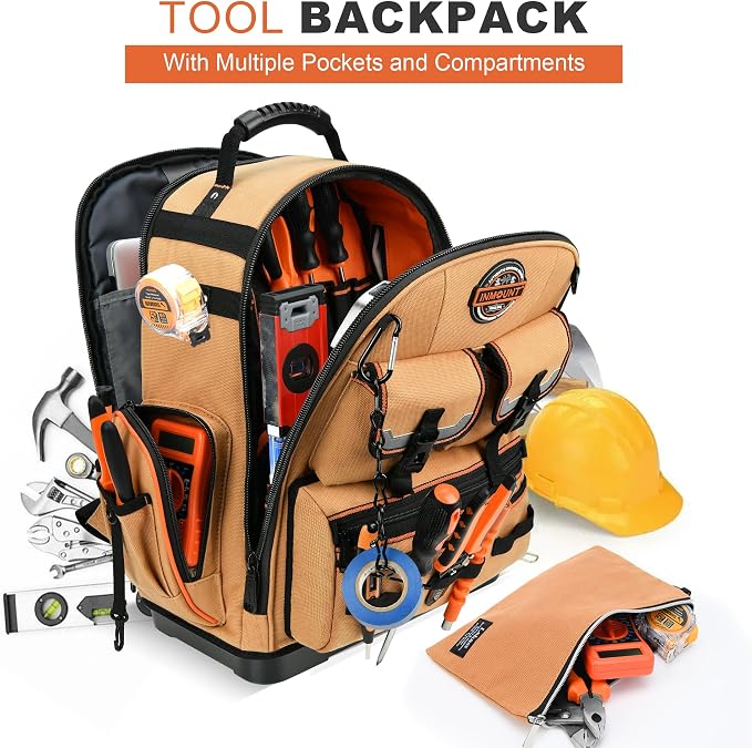 Tool Backpack with 2 Small Tool Bags – LOKASS Heavy Duty Backpack Tool Bag with Molded Base,1680D Tool Organizer with Laptop Compartment & Combination Lock, Water-Resistant Electrician & HVAC Tool Bag