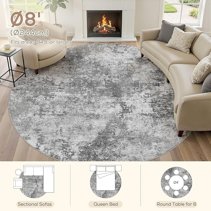 Nakagishi 8X8 Abstract Washable Area Rugs for Living Room-Grey | Modern Non-Slip Silicone Backing Low Pile Soft Carpet for Bedroom Dining Decor Ideal for Families with Kids and Pets