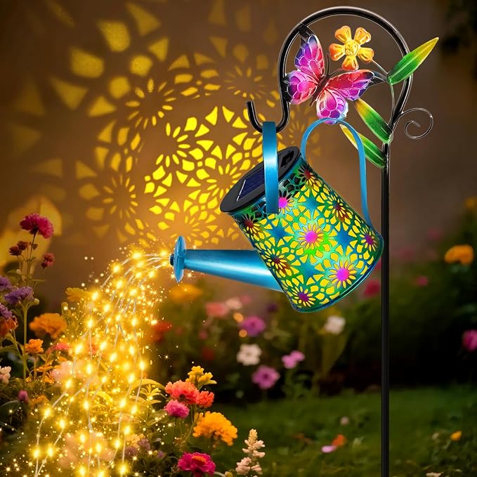 Solar Lights Outdoor Decorative, Blue Metal Solar Watering Can Lights Waterproof, Gifts for Women Mom Birthday, Hanging Lantern Decoration Garden Decor Yard Light for Outside Patio Lawn Porch