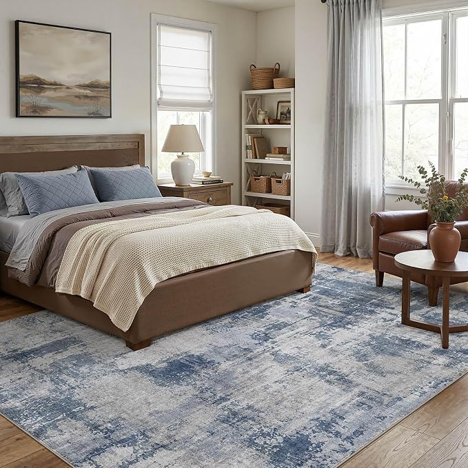 DMOYEST 10x14 Area Rug for Living Room Washable Abstract Indoor Carpet | Neutral Modern Low Pile Rugs Kid & Pet Friendly Large Soft Thin Carpet for Bedroom Dining Room and Office - Dark Blue