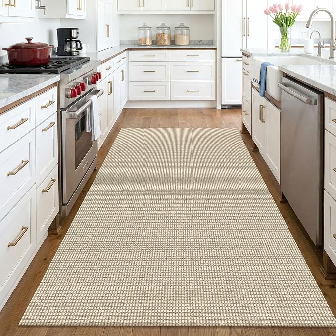 KOZYFLY Washable Area Rug 4x6 ft Non Slip Rubber Backed Living Room Rugs Braided Woven Cotton Kitchen Rugs Indoor Outdoor Entryway Rug for Dining Living Room Bedroom, Ivory/Camel/Brown