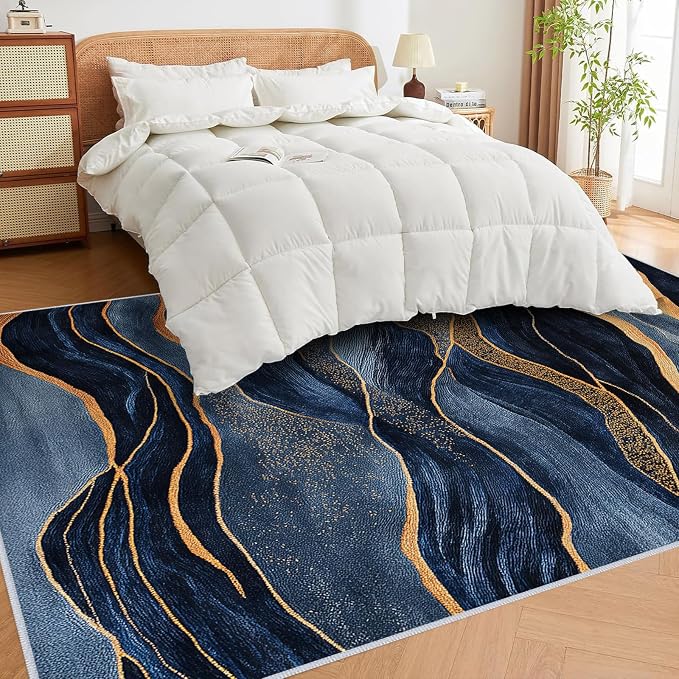 Navy Blue Area Rug Washable 5x7 Abstract Rugs for Living Room Bedroom Modern Gold Non-Slip Soft Floor Large Carpet for Office Entryway Bathroom